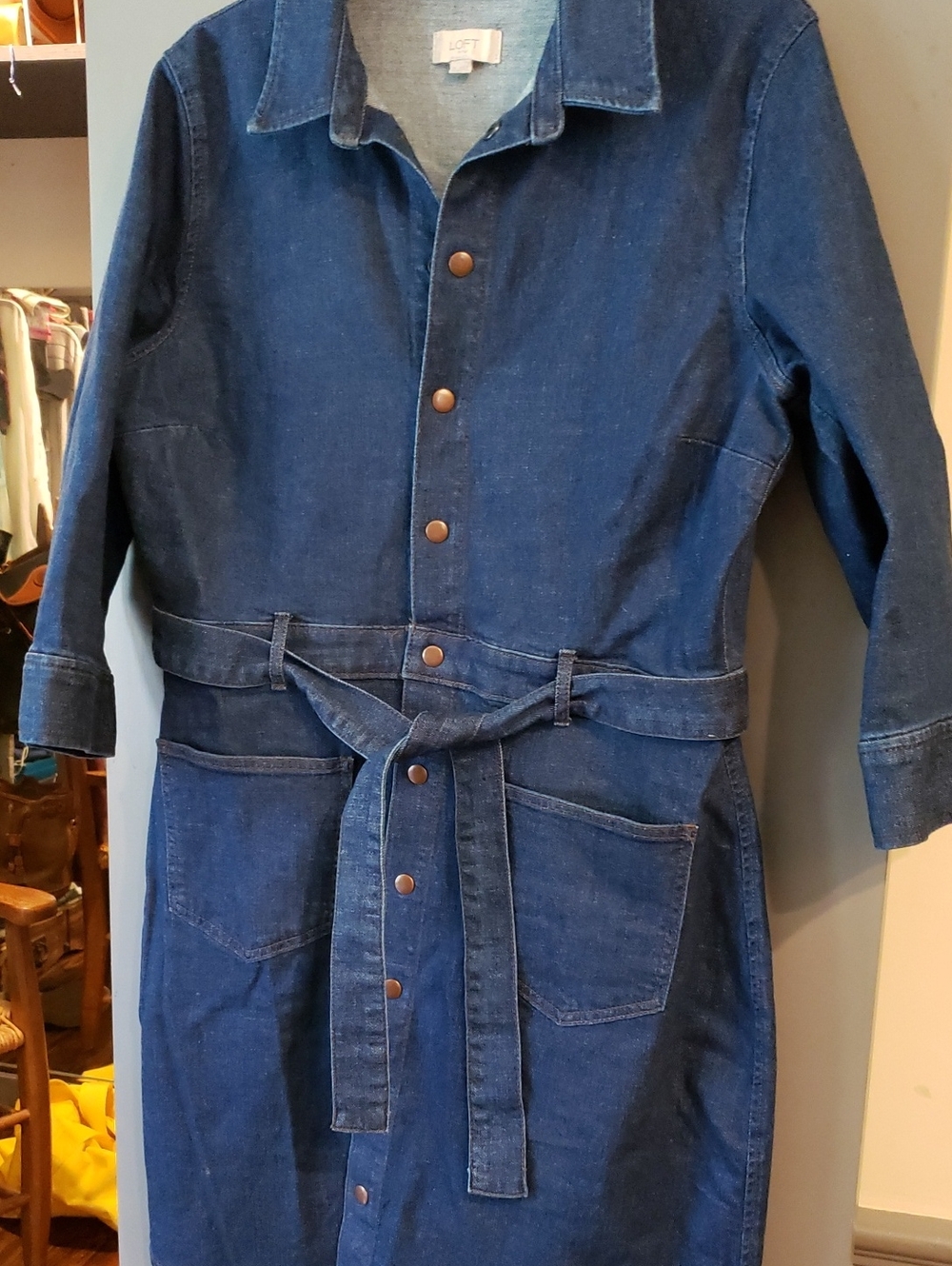 LOFT Navy Blue Denim Snap Front Belted Dresd 14
